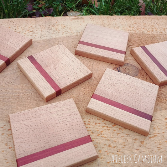 Dessous de verre en bois massif - hêtre et bois exotique (lot de 6)