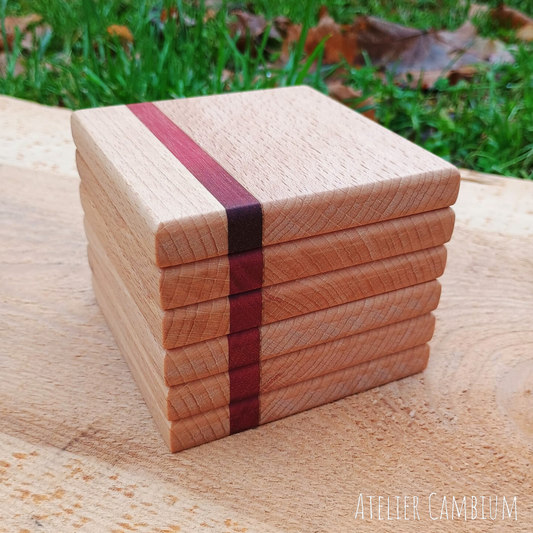 Dessous de verre en bois massif - hêtre et bois exotique (lot de 6)